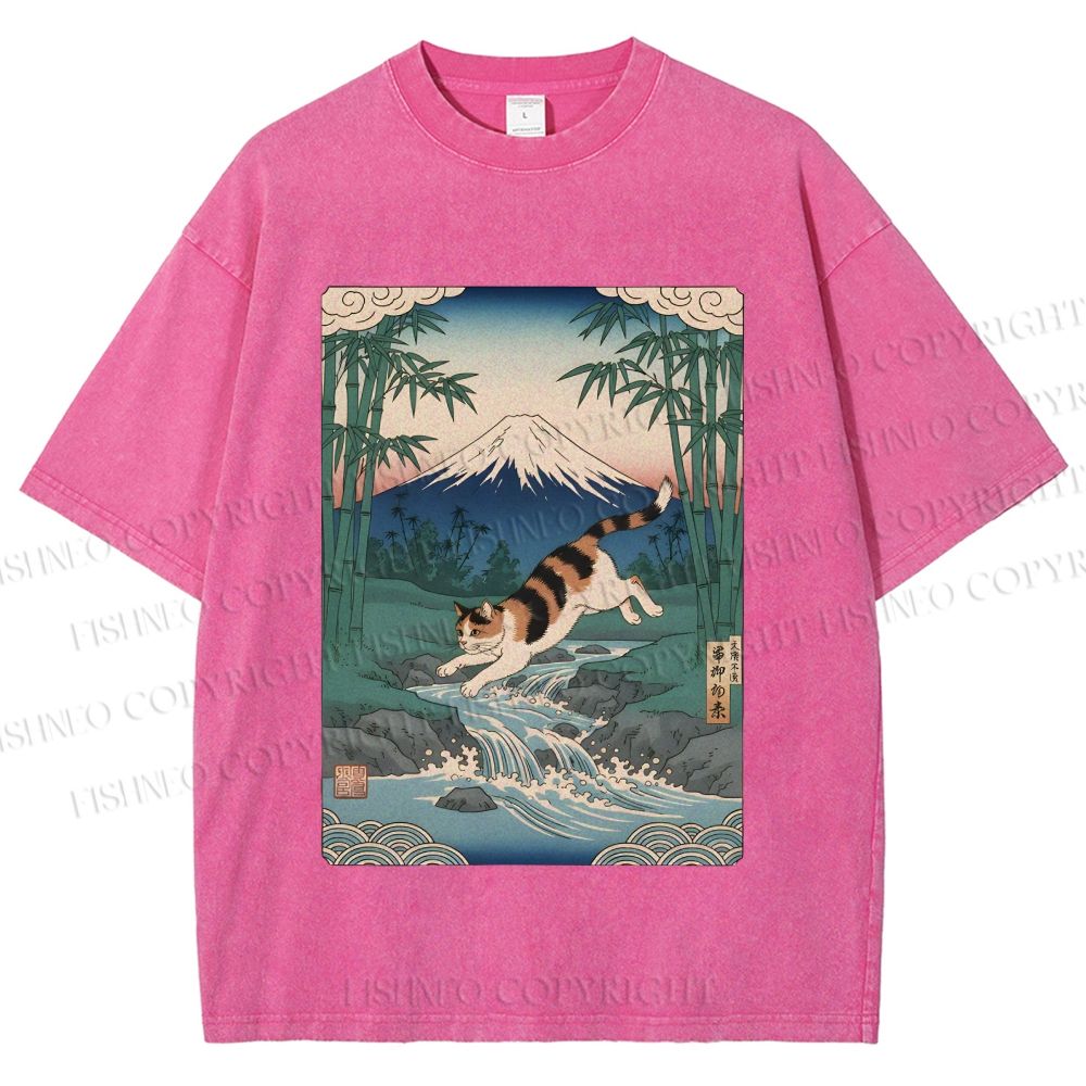 Unisex Vintage Japanese Mount Fuji Cat Printed Washed Tee