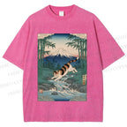 Unisex Vintage Japanese Mount Fuji Cat Printed Washed Tee