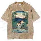Unisex Vintage Japanese Mount Fuji Cat Printed Washed Tee