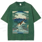 Unisex Vintage Japanese Mount Fuji Cat Printed Washed Tee