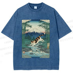 Unisex Vintage Japanese Mount Fuji Cat Printed Washed Tee