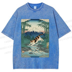 Unisex Vintage Japanese Mount Fuji Cat Printed Washed Tee