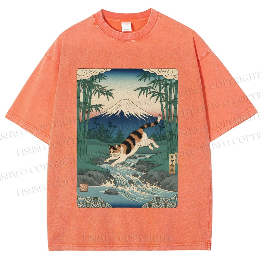 Unisex Vintage Japanese Mount Fuji Cat Printed Washed Tee