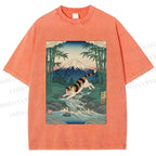 Unisex Vintage Japanese Mount Fuji Cat Printed Washed Tee