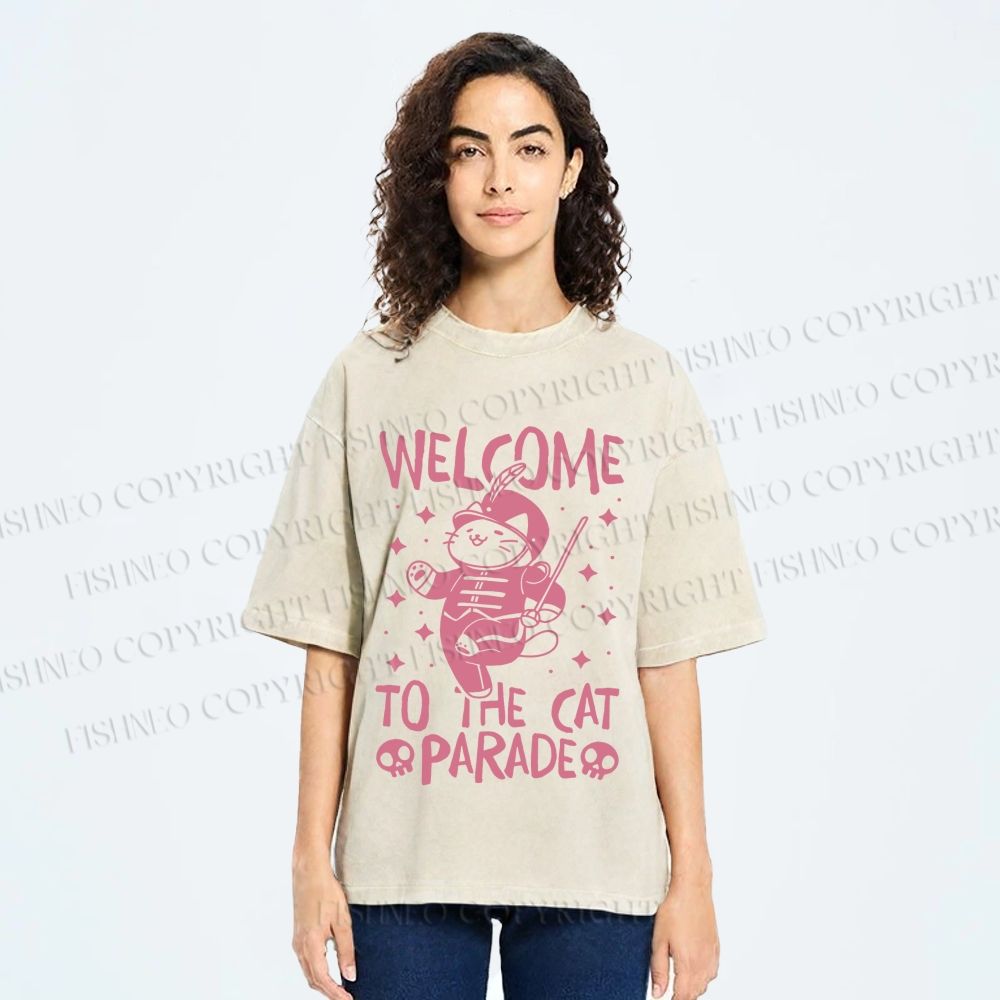 Unisex Welcome To The Cat Parade Printed Washed Tee
