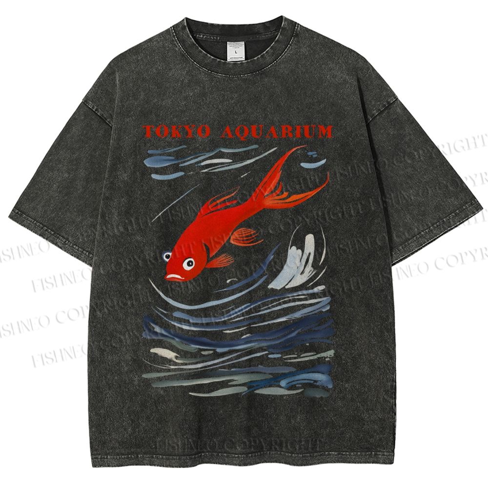 Unisex Tokyo Aquarium Koi Fish Printed Washed Tee