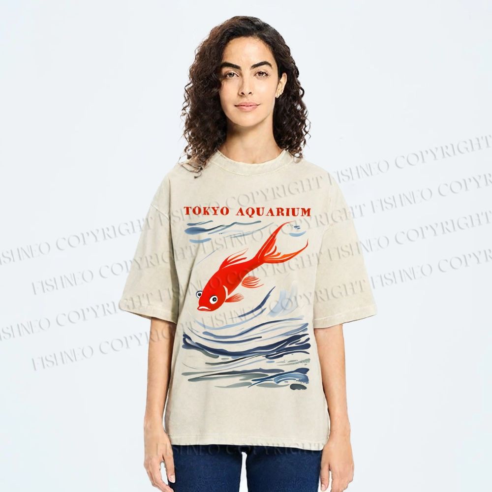 Unisex Tokyo Aquarium Koi Fish Printed Washed Tee