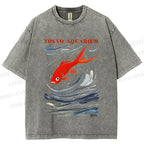 Unisex Tokyo Aquarium Koi Fish Printed Washed Tee