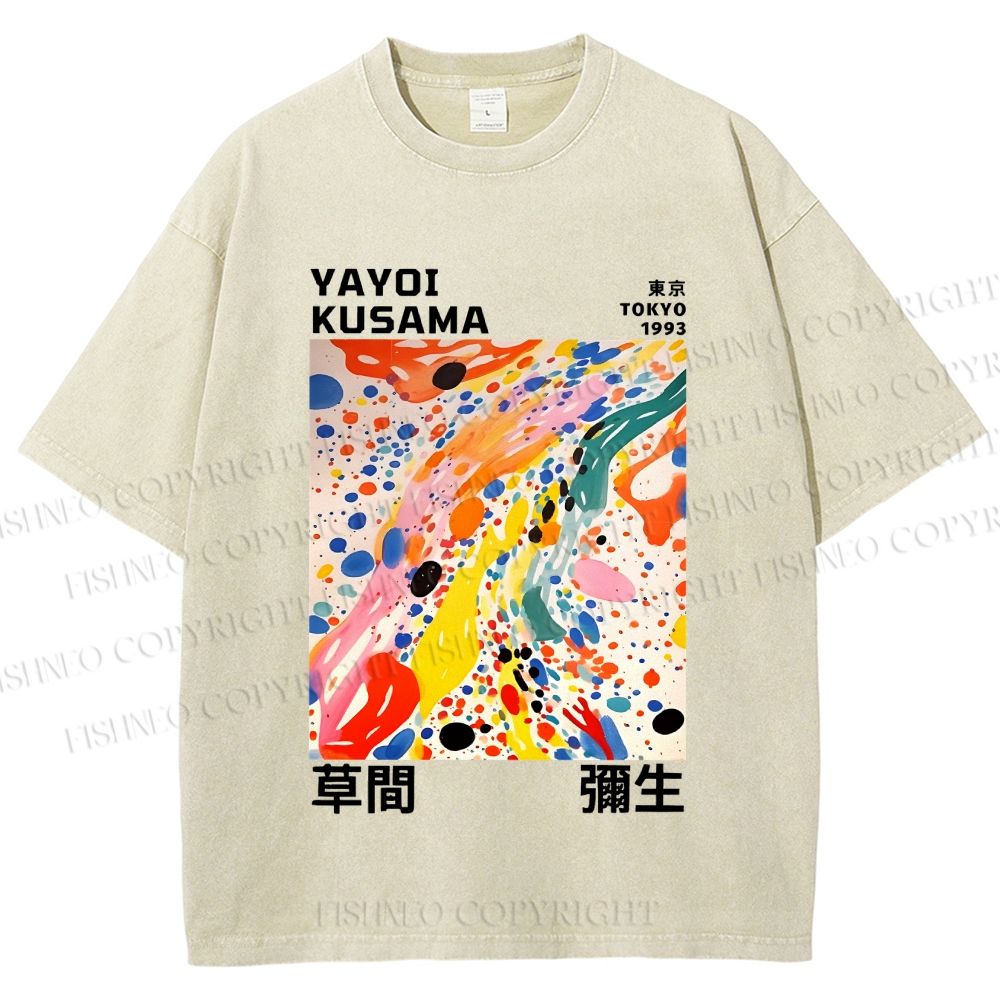 Unisex Yayoi Kusama Multicolor Dots Printed Washed Tee