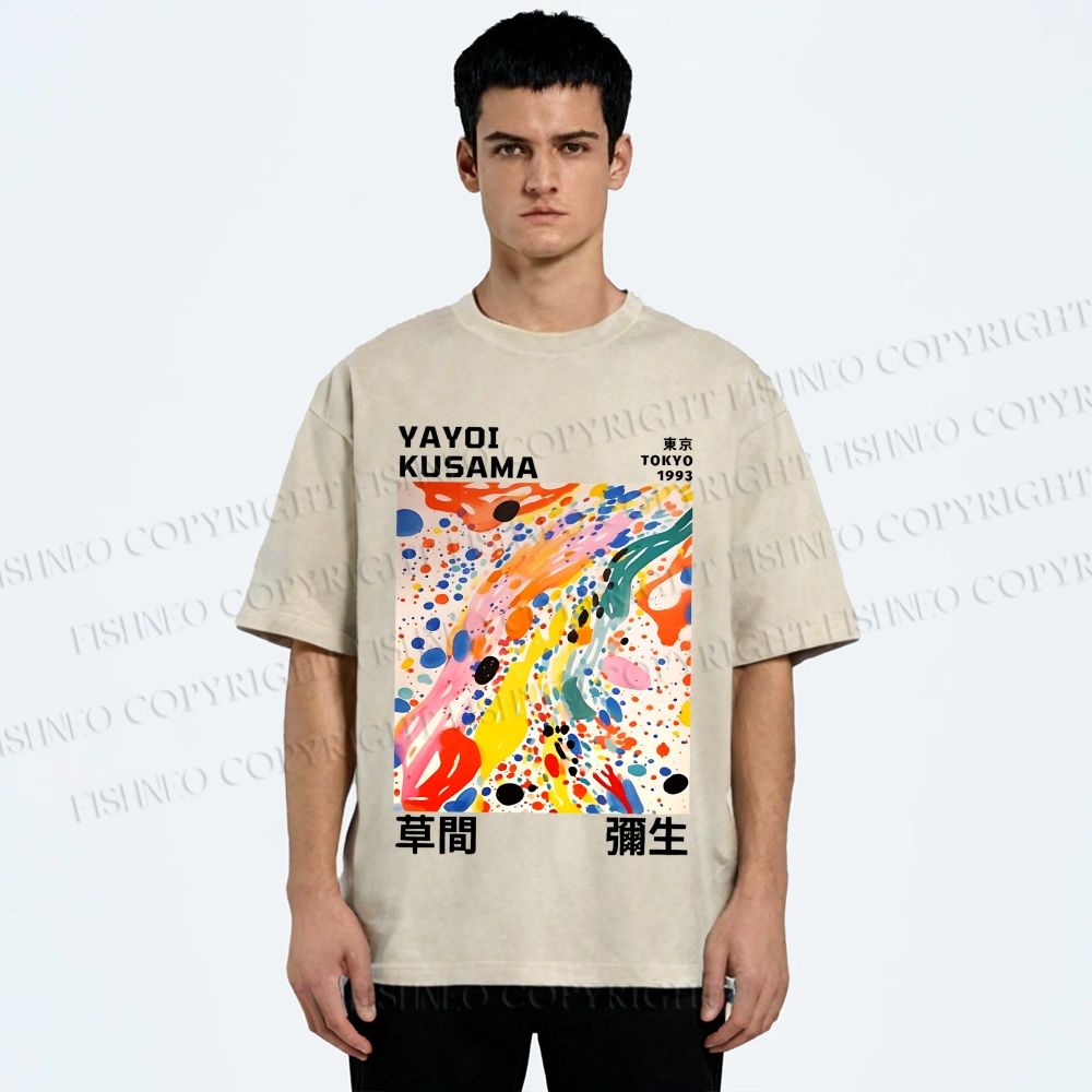 Unisex Yayoi Kusama Multicolor Dots Printed Washed Tee