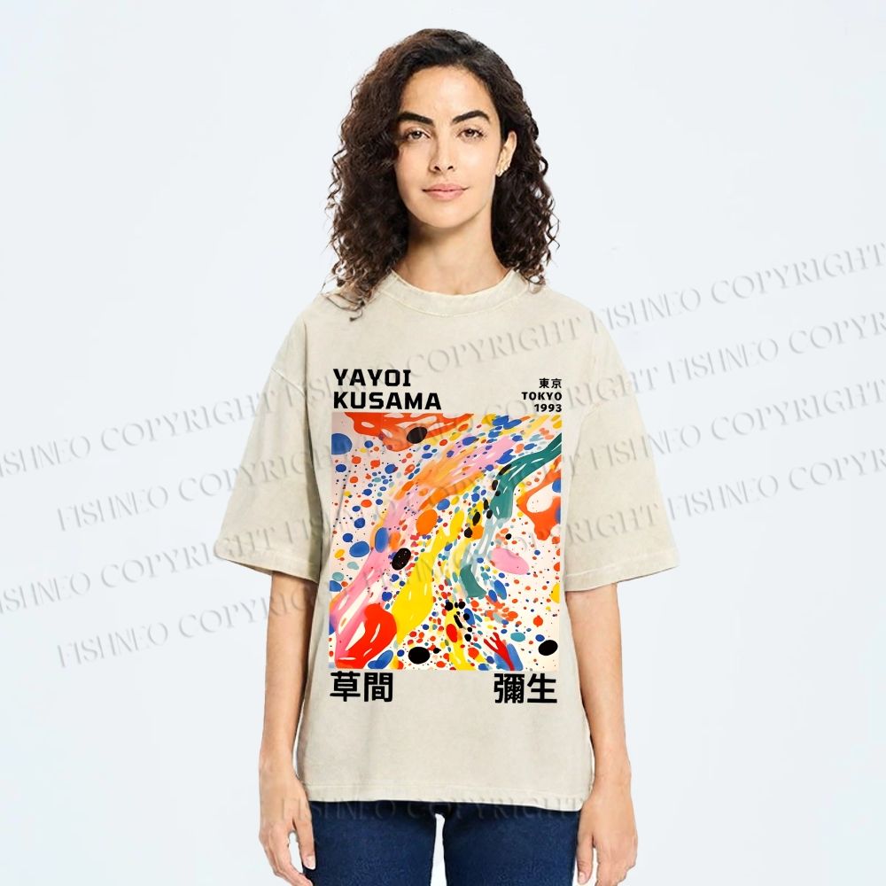 Unisex Yayoi Kusama Multicolor Dots Printed Washed Tee