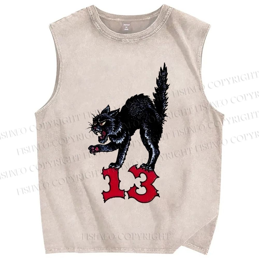 Unisex Black Cat Printed Washed Tank Top