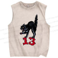 Unisex Black Cat Printed Washed Tank Top