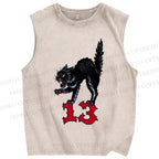 Unisex Black Cat Printed Washed Tank Top