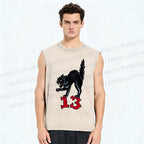 Unisex Black Cat Printed Washed Tank Top