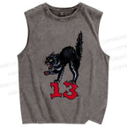 Unisex Black Cat Printed Washed Tank Top