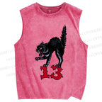 Unisex Black Cat Printed Washed Tank Top