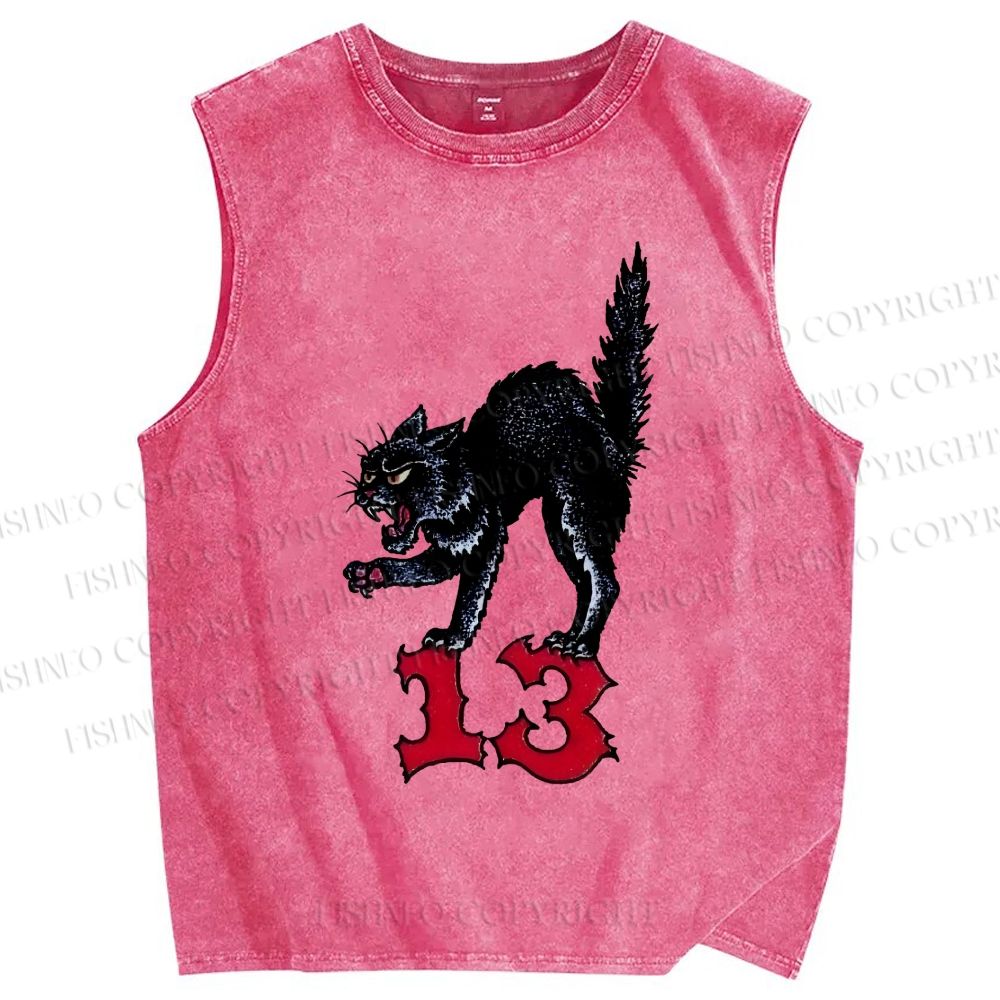 Unisex Black Cat Printed Washed Tank Top