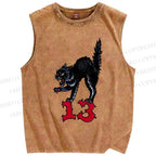 Unisex Black Cat Printed Washed Tank Top