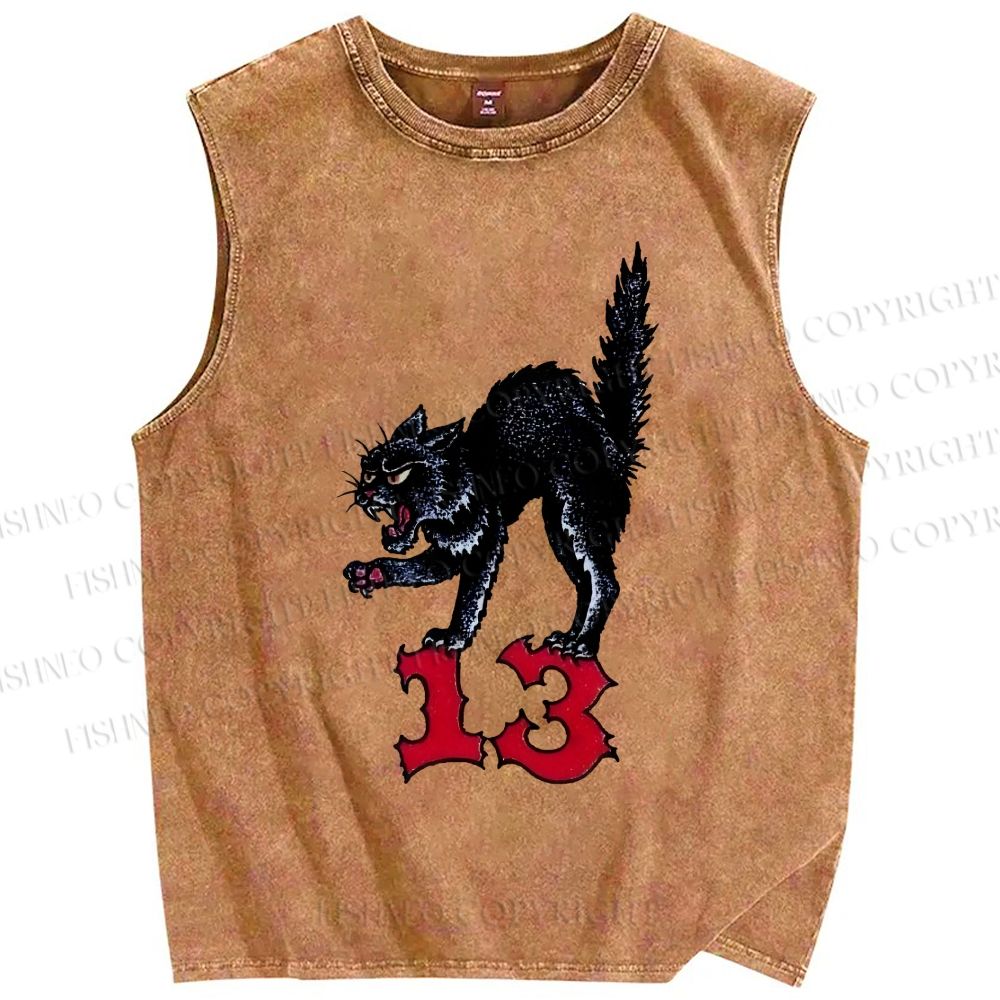 Unisex Black Cat Printed Washed Tank Top