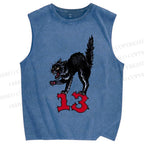 Unisex Black Cat Printed Washed Tank Top