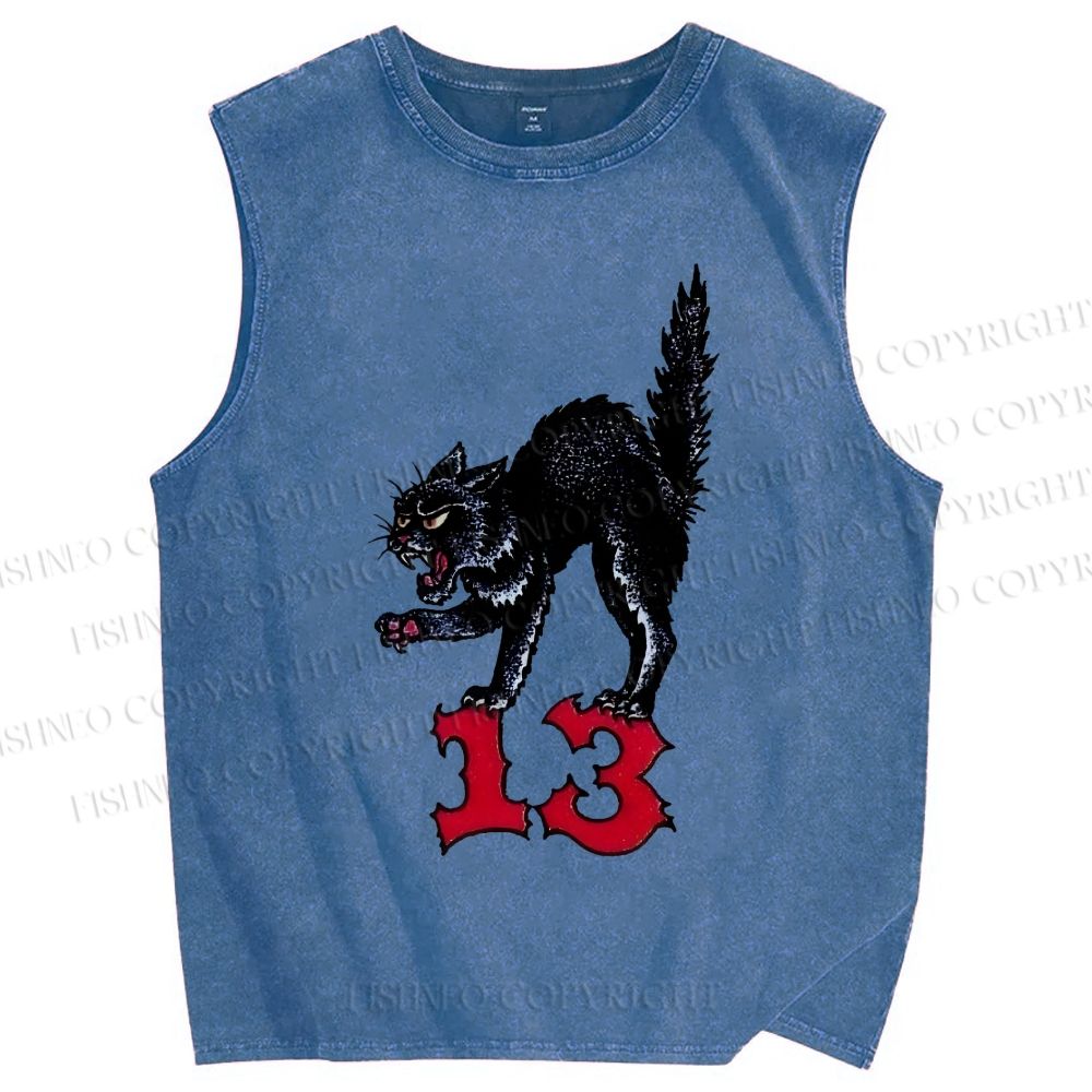 Unisex Black Cat Printed Washed Tank Top