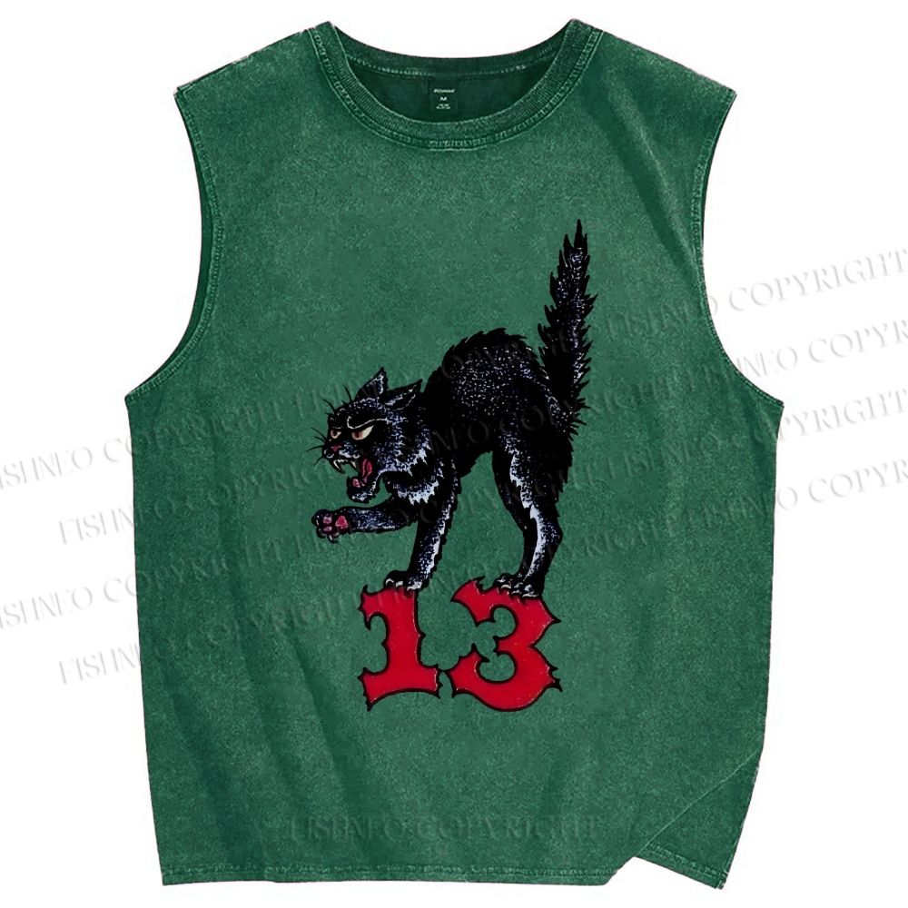 Unisex Black Cat Printed Washed Tank Top