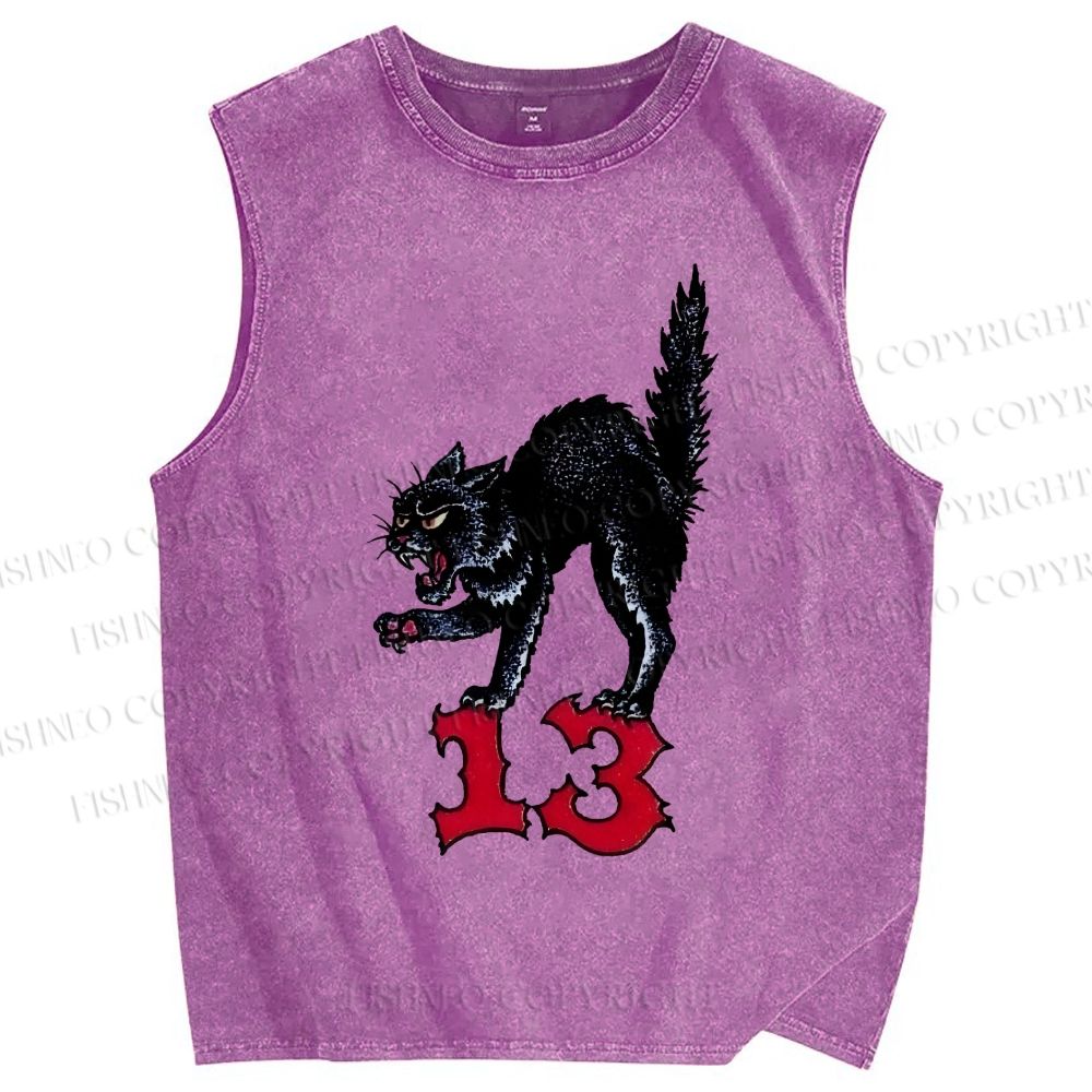 Unisex Black Cat Printed Washed Tank Top