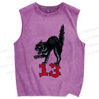 Unisex Black Cat Printed Washed Tank Top
