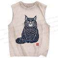 Unisex Vintage Cat Printed Washed Tank Top
