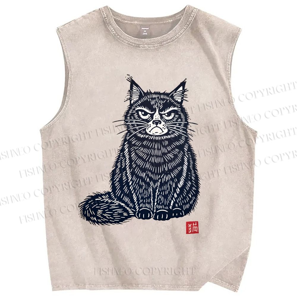 Unisex Vintage Cat Printed Washed Tank Top
