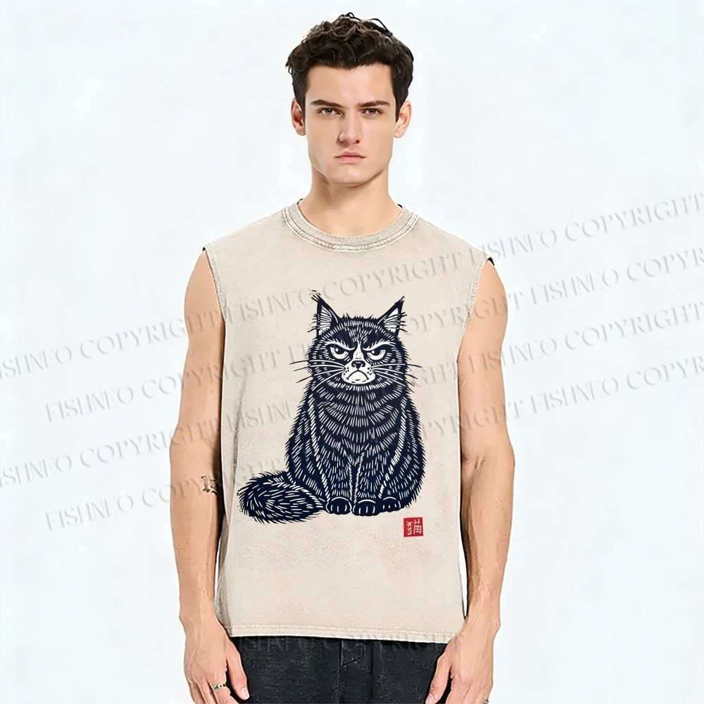Unisex Vintage Cat Printed Washed Tank Top