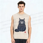 Unisex Vintage Cat Printed Washed Tank Top
