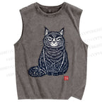 Unisex Vintage Cat Printed Washed Tank Top