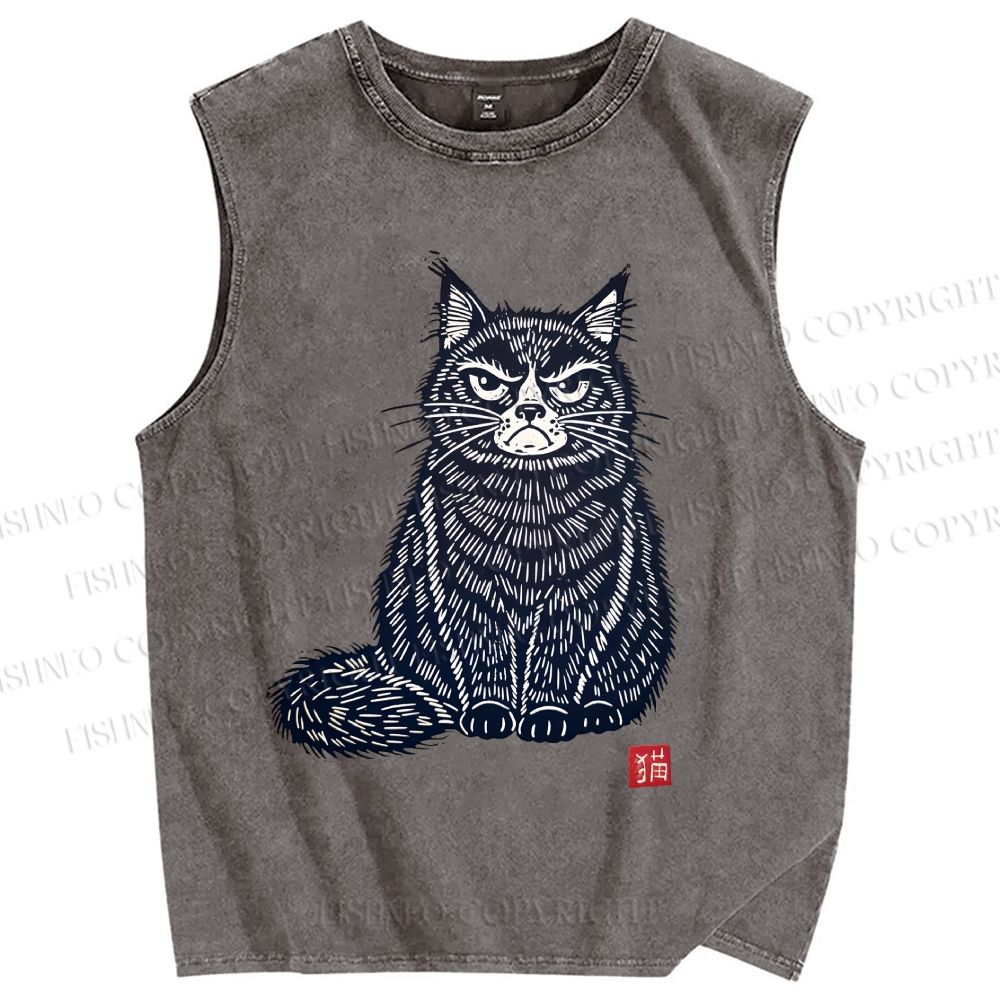 Unisex Vintage Cat Printed Washed Tank Top