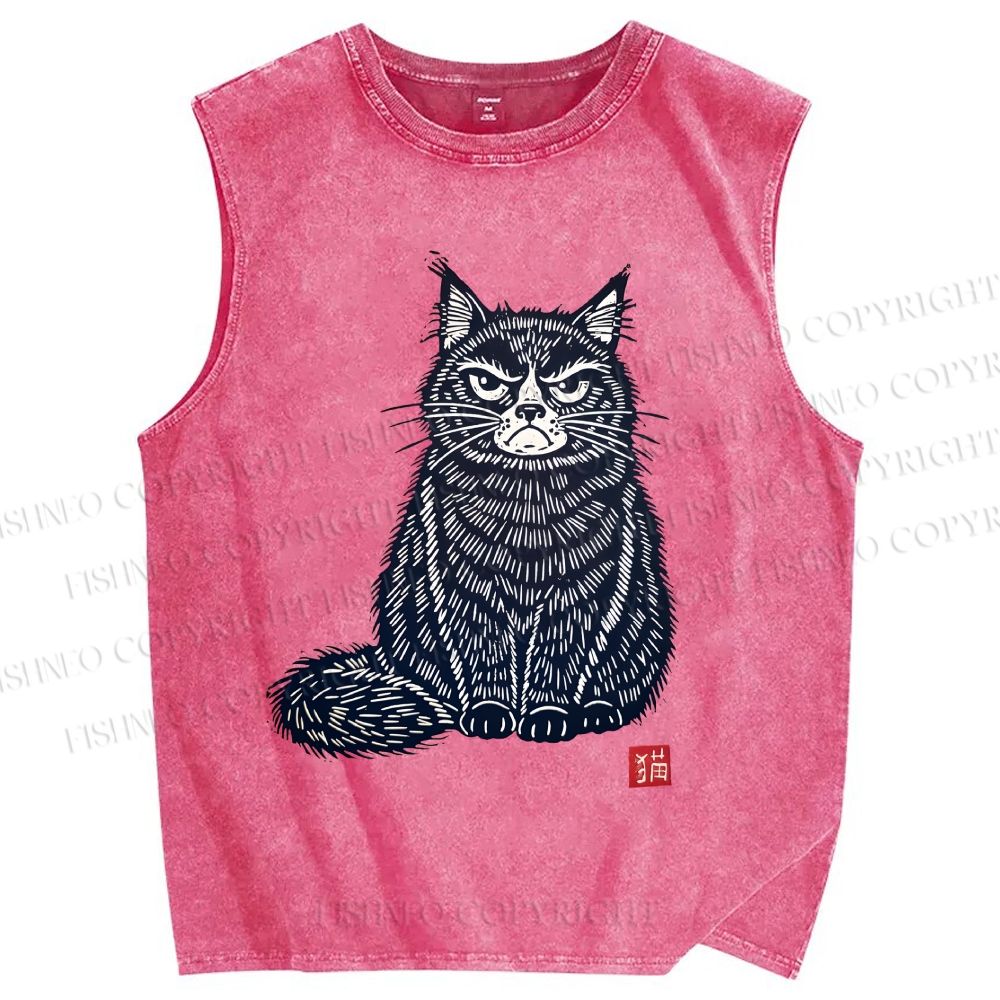 Unisex Vintage Cat Printed Washed Tank Top