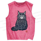 Unisex Vintage Cat Printed Washed Tank Top