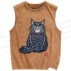 Unisex Vintage Cat Printed Washed Tank Top