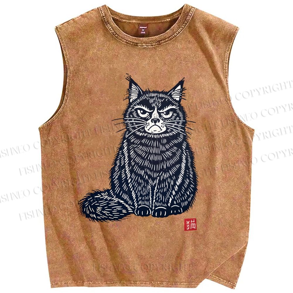 Unisex Vintage Cat Printed Washed Tank Top