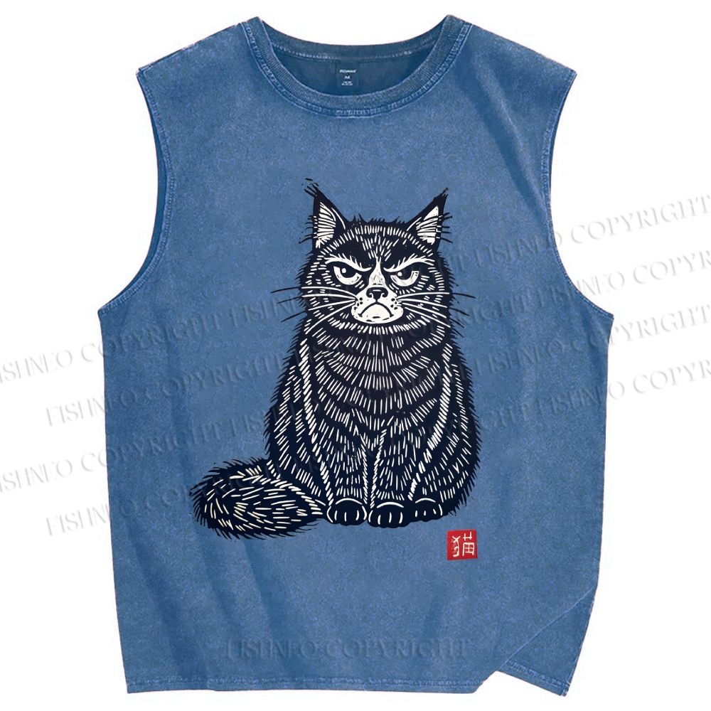 Unisex Vintage Cat Printed Washed Tank Top