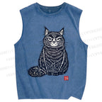 Unisex Vintage Cat Printed Washed Tank Top
