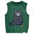 Unisex Vintage Cat Printed Washed Tank Top