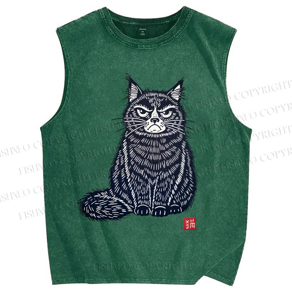 Unisex Vintage Cat Printed Washed Tank Top