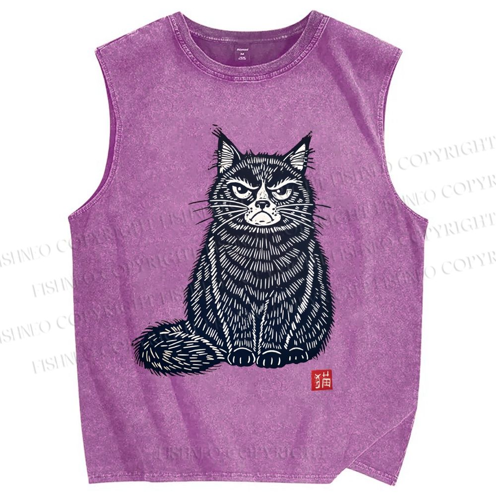 Unisex Vintage Cat Printed Washed Tank Top