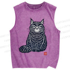 Unisex Vintage Cat Printed Washed Tank Top