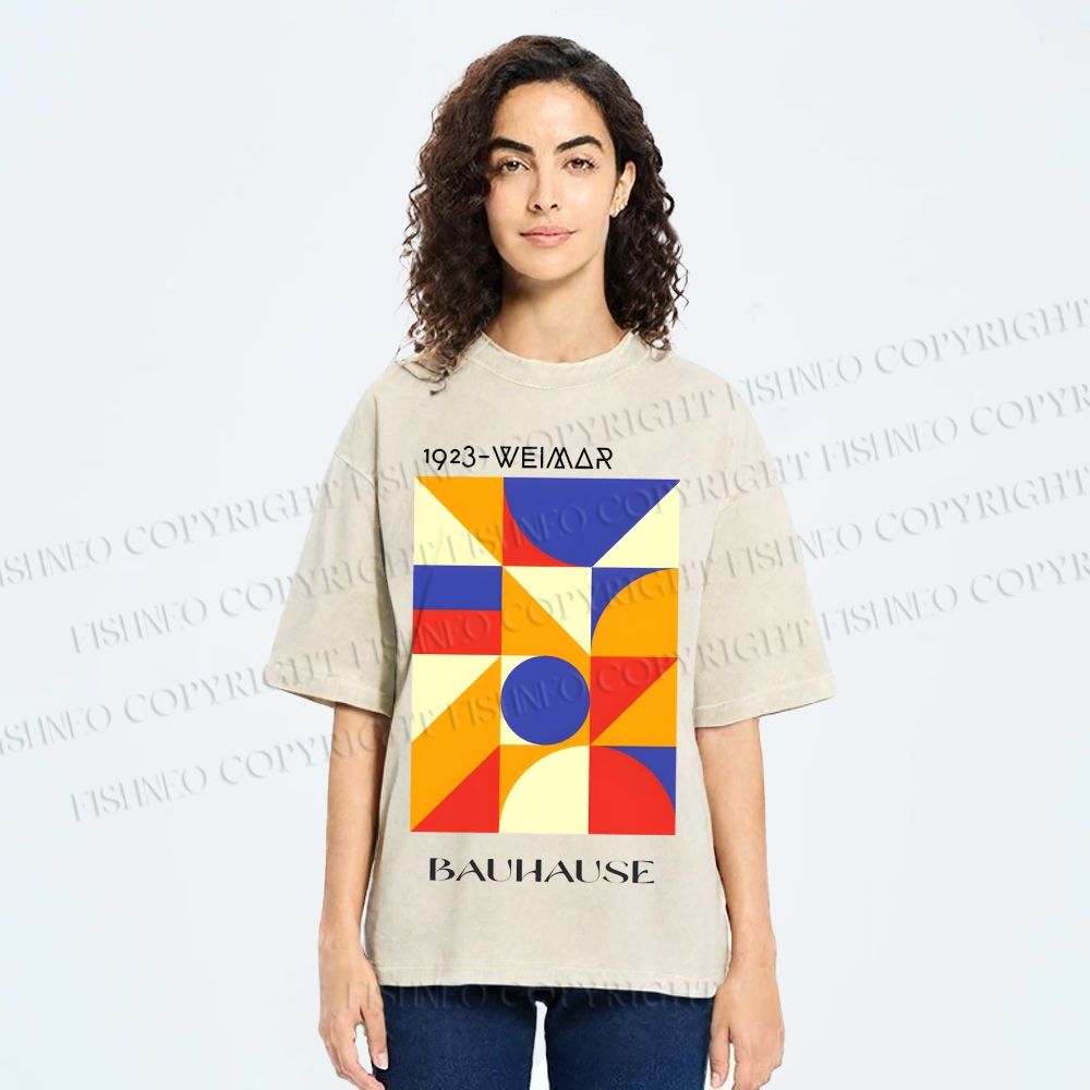 Unisex Bauhaus Colorful Geometry Printed Washed Tee