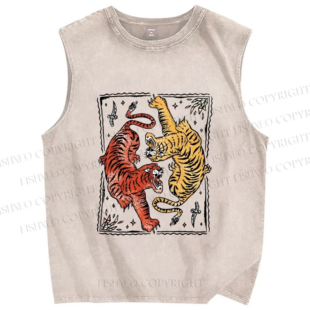 Unisex Double Tiger Printed Washed Tank Top
