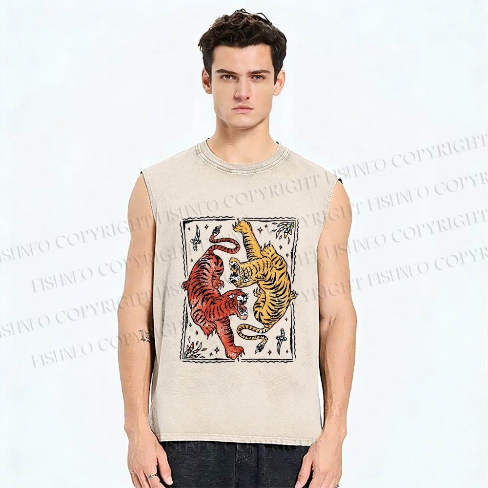 Unisex Double Tiger Printed Washed Tank Top