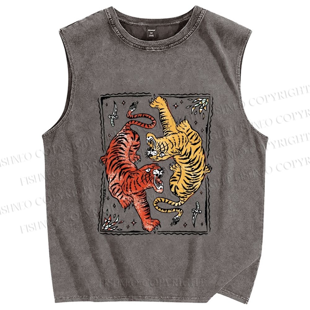 Unisex Double Tiger Printed Washed Tank Top