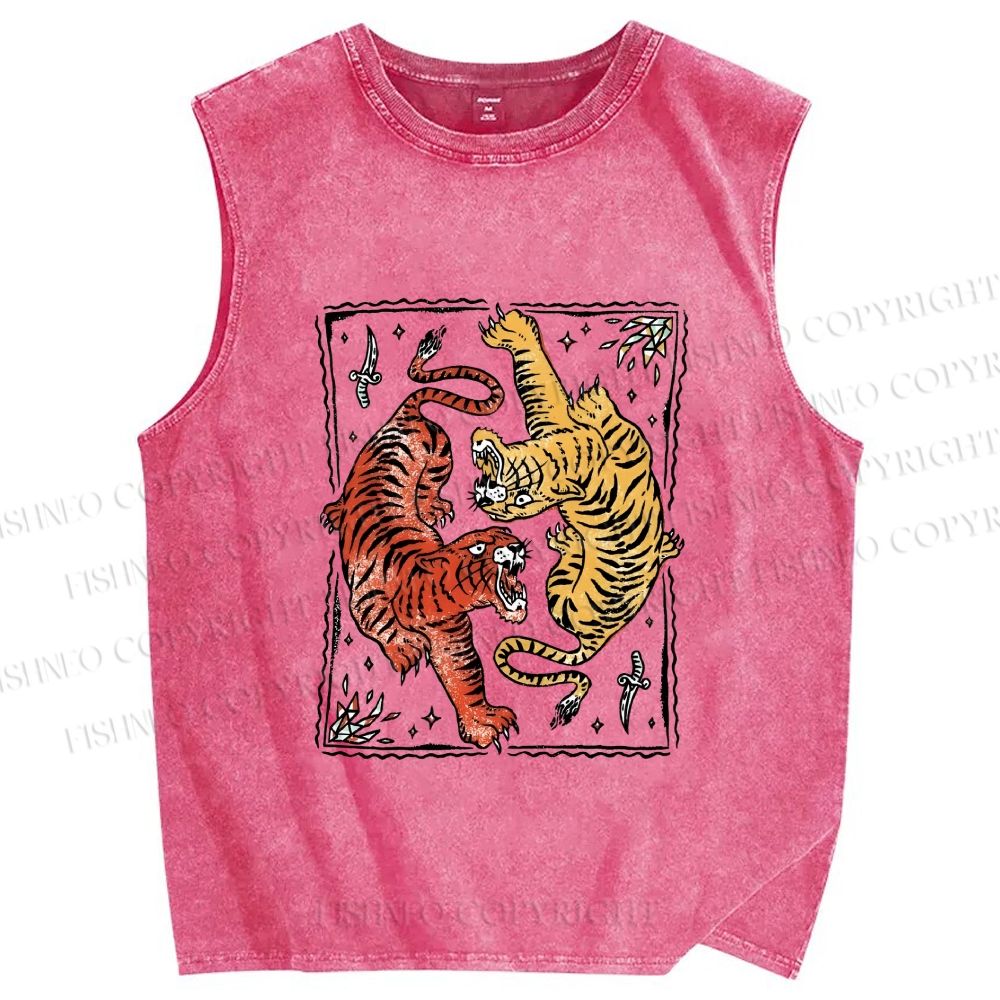 Unisex Double Tiger Printed Washed Tank Top